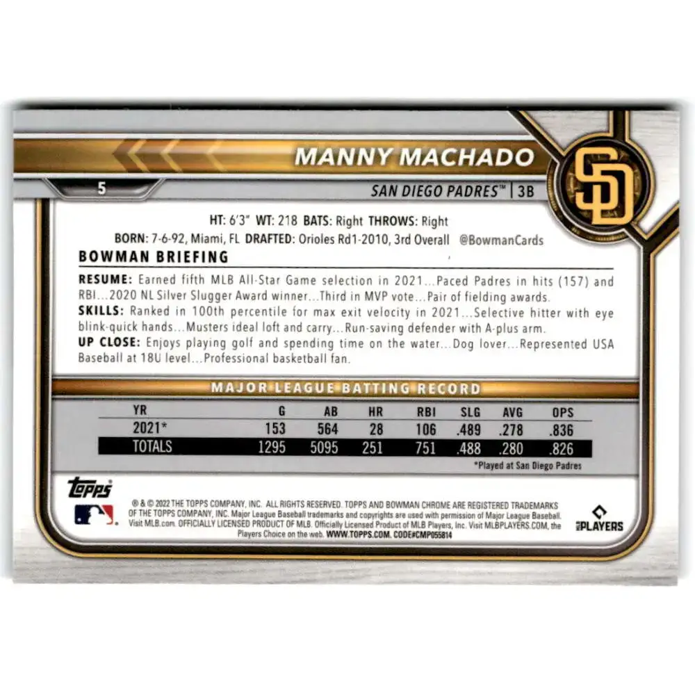 2022 Bowman Chrome #5 Manny Machado NM-MT San Diego Padres Baseball Card - Baseball Card Single