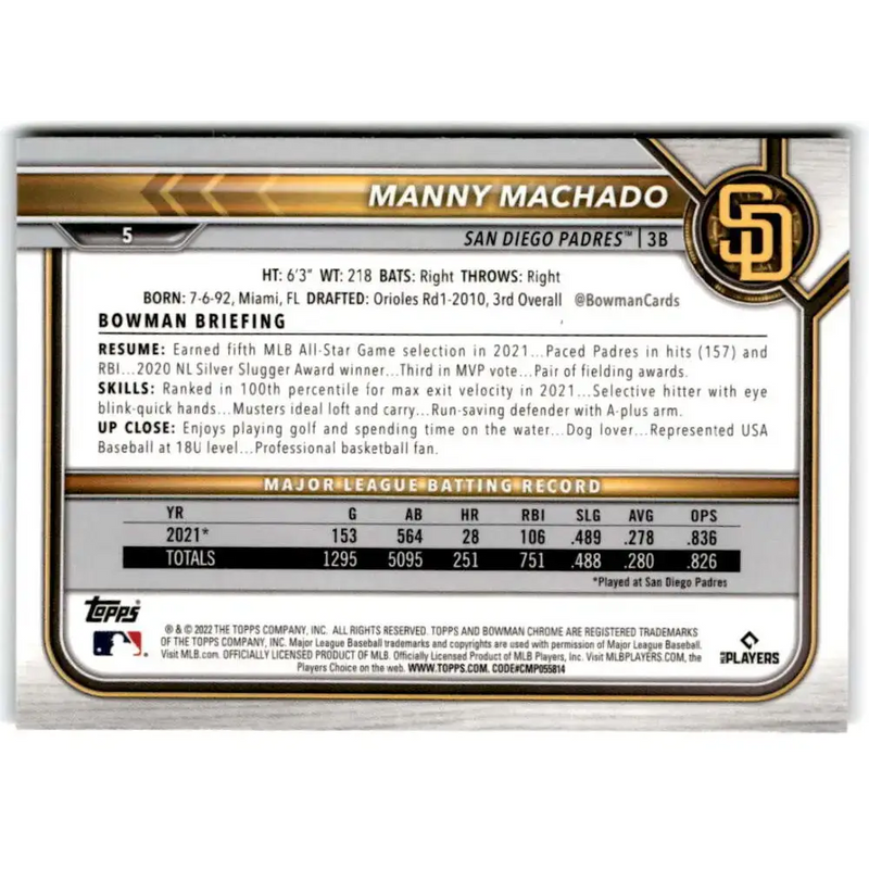 2022 Bowman Chrome #5 Manny Machado NM-MT San Diego Padres Baseball Card - Baseball Card Single