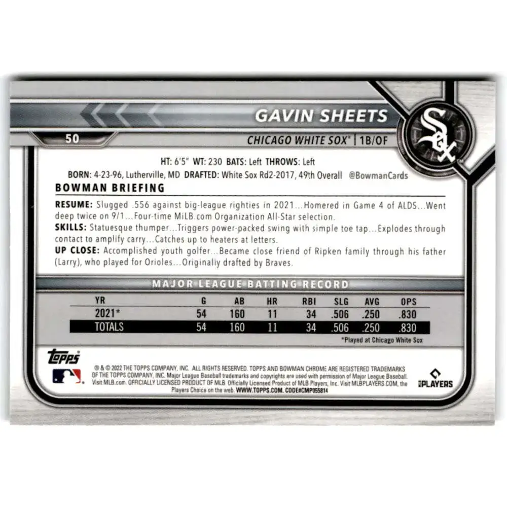 2022 Bowman Chrome #50 Gavin Sheets NM-MT RC Rookie Chicago White Sox Baseball Card - Baseball Card Single