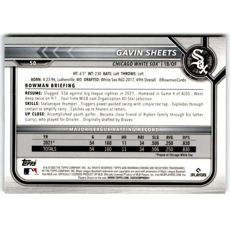 2022 Bowman Chrome #50 Gavin Sheets NM-MT RC Rookie Chicago White Sox Baseball Card - Baseball Card Single
