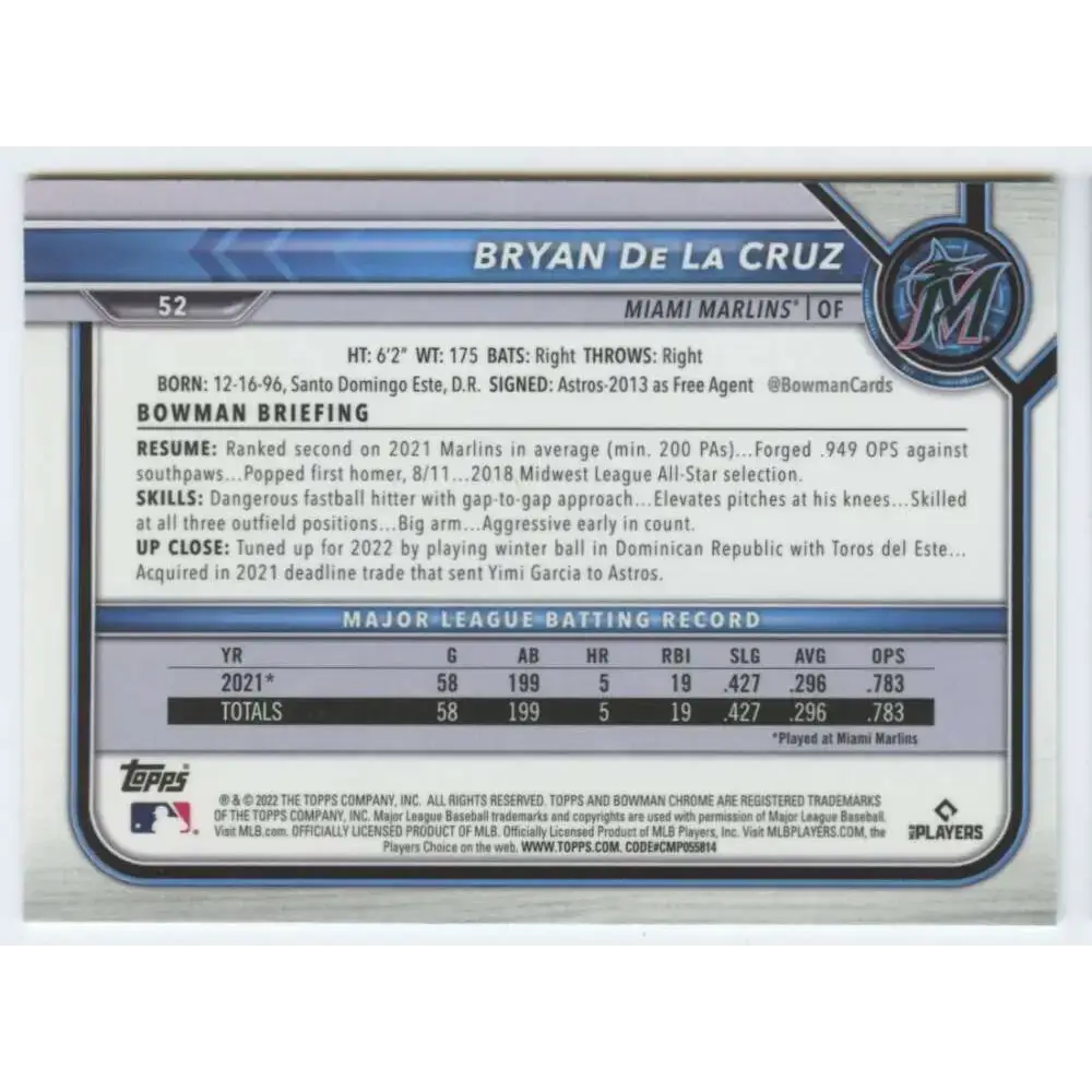 2022 Bowman Chrome #52 Bryan De La Cruz NM-MT RC Rookie Miami Marlins Baseball Card - Baseball Card Single