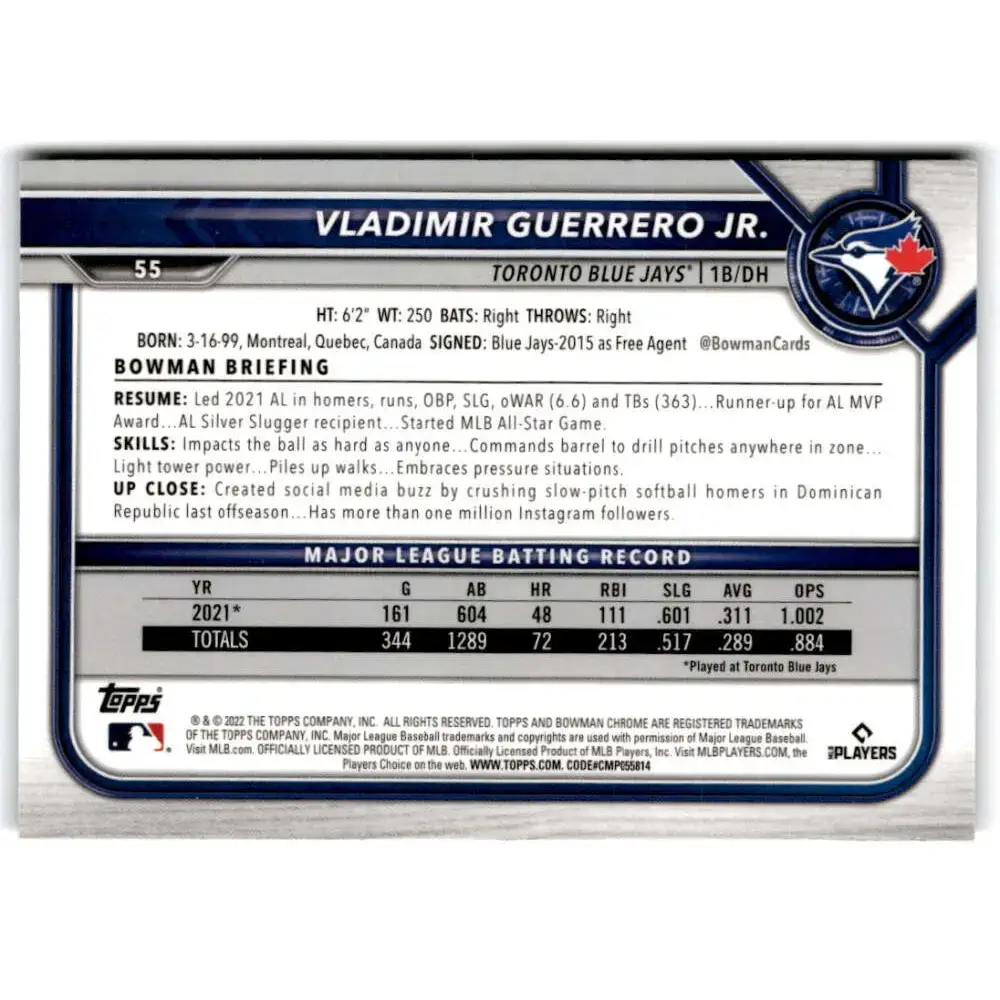 2022 Bowman Chrome #55 Vladimir Guerrero Jr. NM-MT Toronto Blue Jays Baseball Card - Baseball Card Single