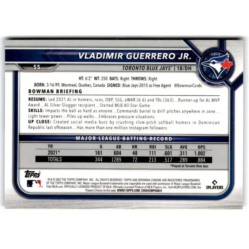 2022 Bowman Chrome #55 Vladimir Guerrero Jr. NM-MT Toronto Blue Jays Baseball Card - Baseball Card Single