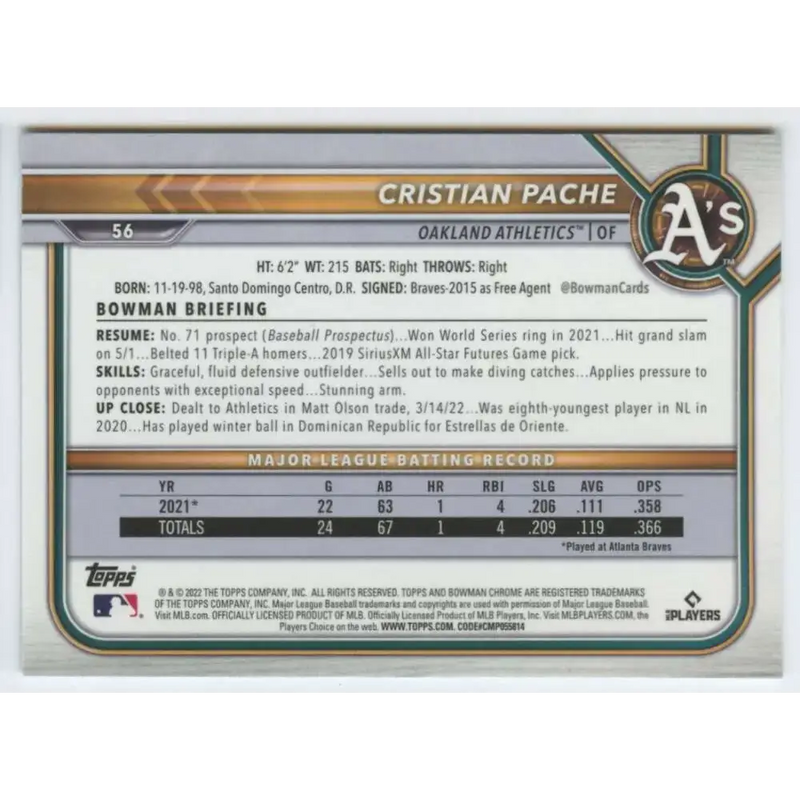 2022 Bowman Chrome #56 Cristian Pache NM-MT Oakland Athletics Baseball Card - Baseball Card Single