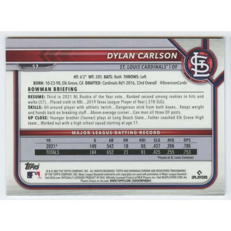 2022 Bowman Chrome #57 Dylan Carlson NM-MT St. Louis Cardinals Baseball Card - Baseball Card Single