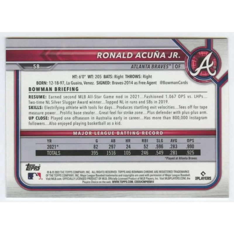 2022 Bowman Chrome #58 Ronald Acuna Jr. NM-MT Atlanta Braves Baseball Card - Baseball Card Single
