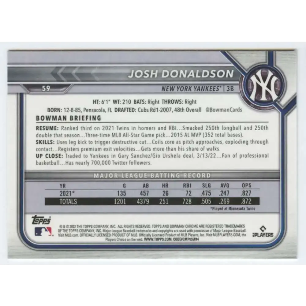 2022 Bowman Chrome #59 Josh Donaldson NM-MT New York Yankees Baseball Card - Baseball Card Single