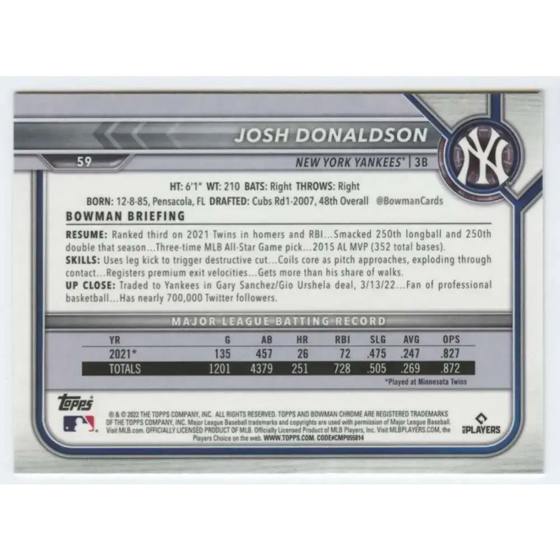 2022 Bowman Chrome #59 Josh Donaldson NM-MT New York Yankees Baseball Card - Baseball Card Single