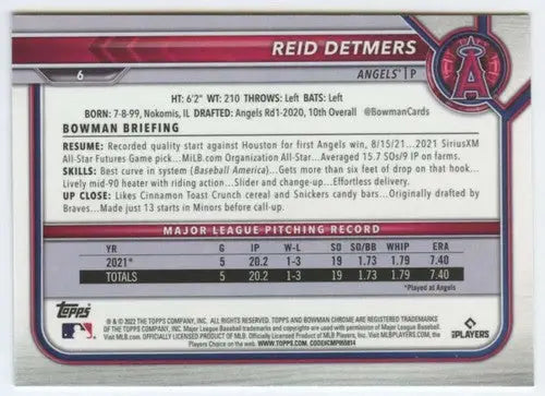 Original gloss Bowman Chrome Reid Detmers baseball card from 2022 Rookie Angels collection