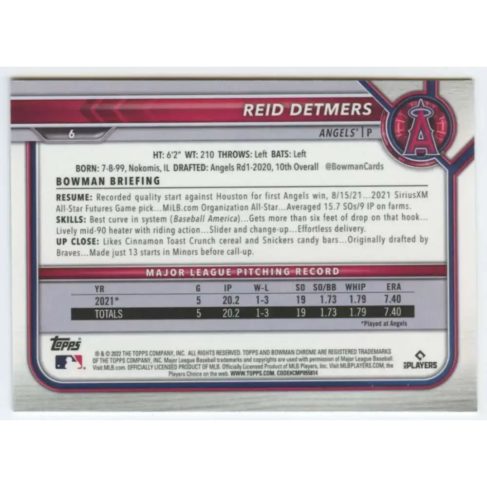 2022 Bowman Chrome #6 Reid Detmers NM-MT RC Rookie Los Angeles Angels Baseball Card - Baseball Card Single