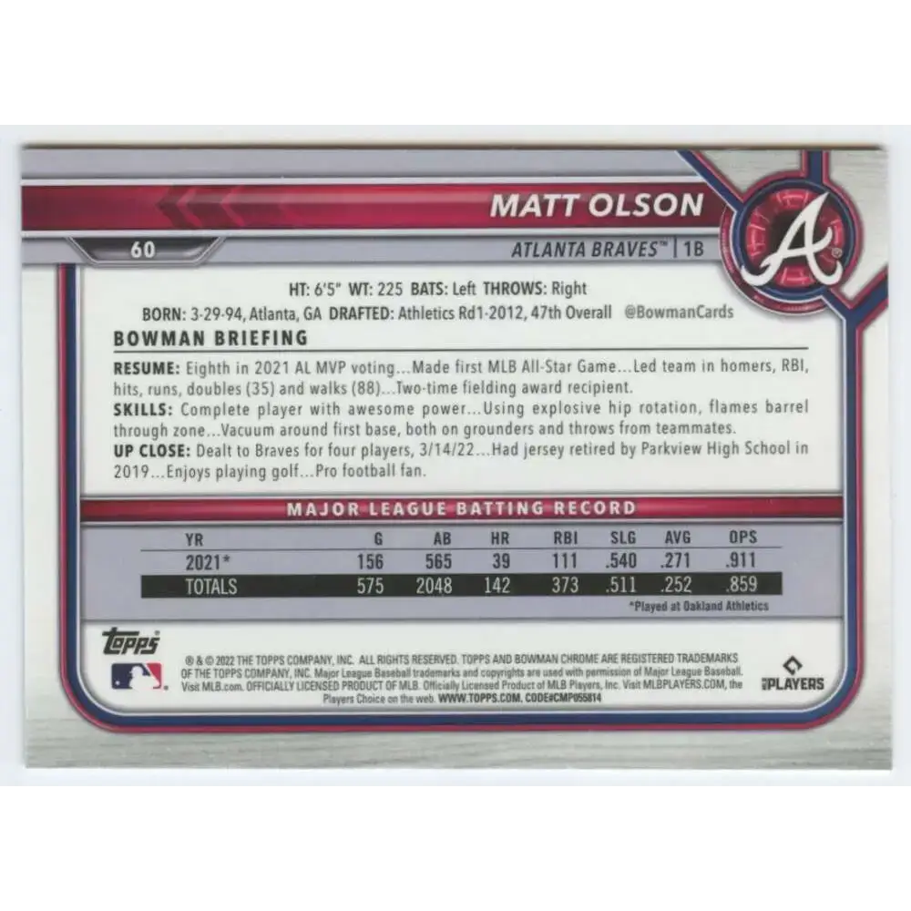 2022 Bowman Chrome #60 Matt Olson NM-MT Atlanta Braves Baseball Card - Baseball Card Single