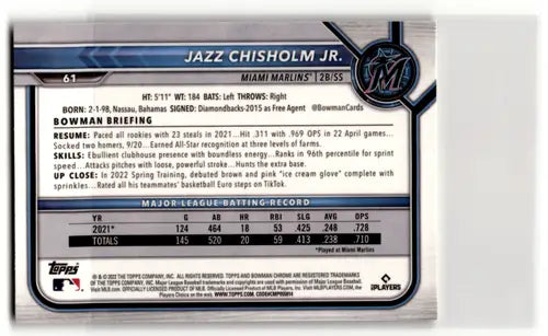 Jazz Chisholm baseball card from Bowman Chrome 2022 with original gloss NM Near Mint