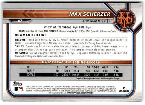 2022 Bowman Chrome #62 Max Scherzer NM-MT Mets ID:52502 - Baseball Card Single