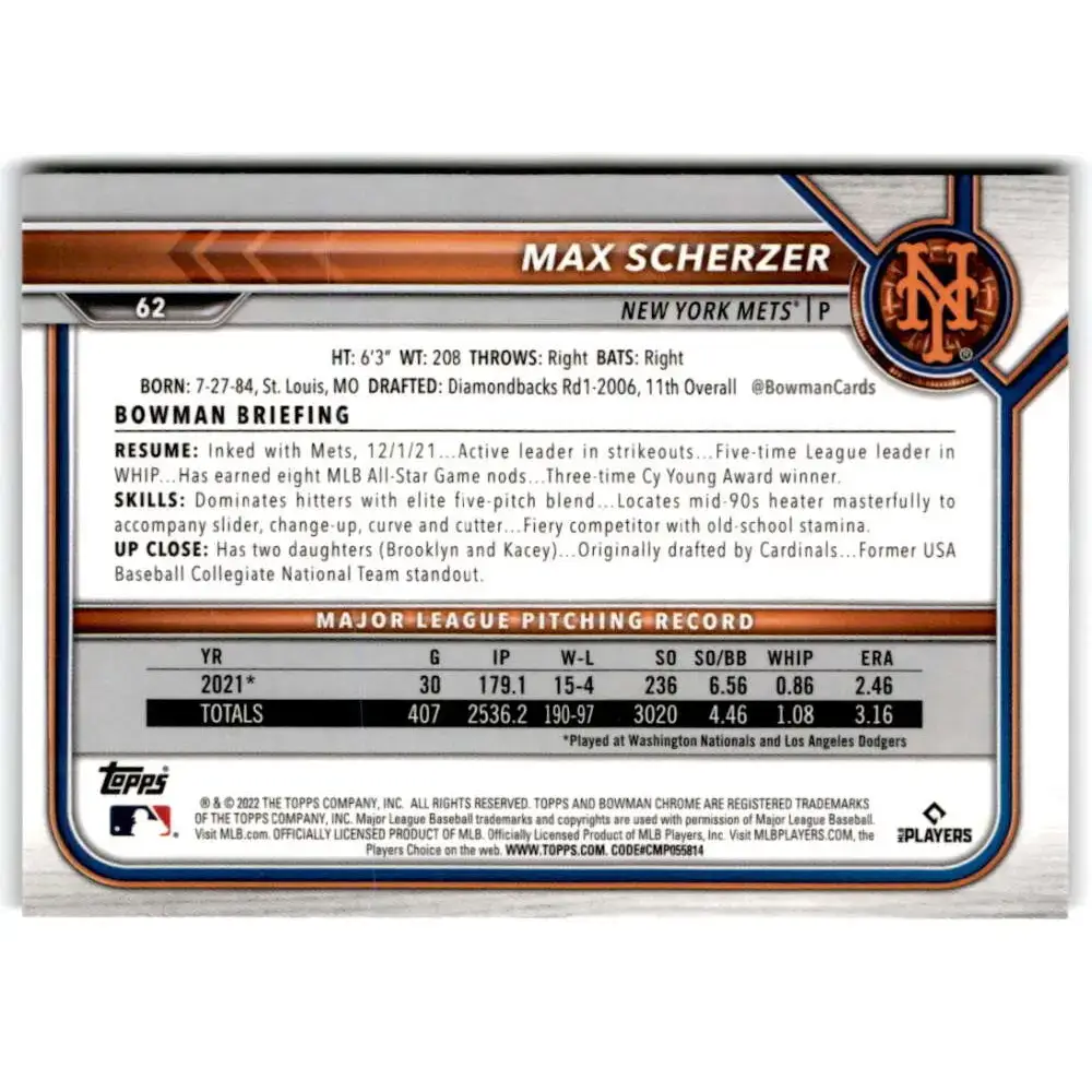 2022 Bowman Chrome #62 Max Scherzer NM-MT New York Mets Baseball Card - Baseball Card Single