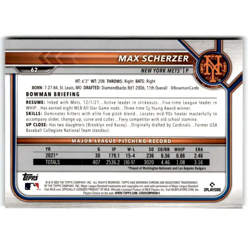 2022 Bowman Chrome #62 Max Scherzer NM-MT New York Mets Baseball Card - Baseball Card Single