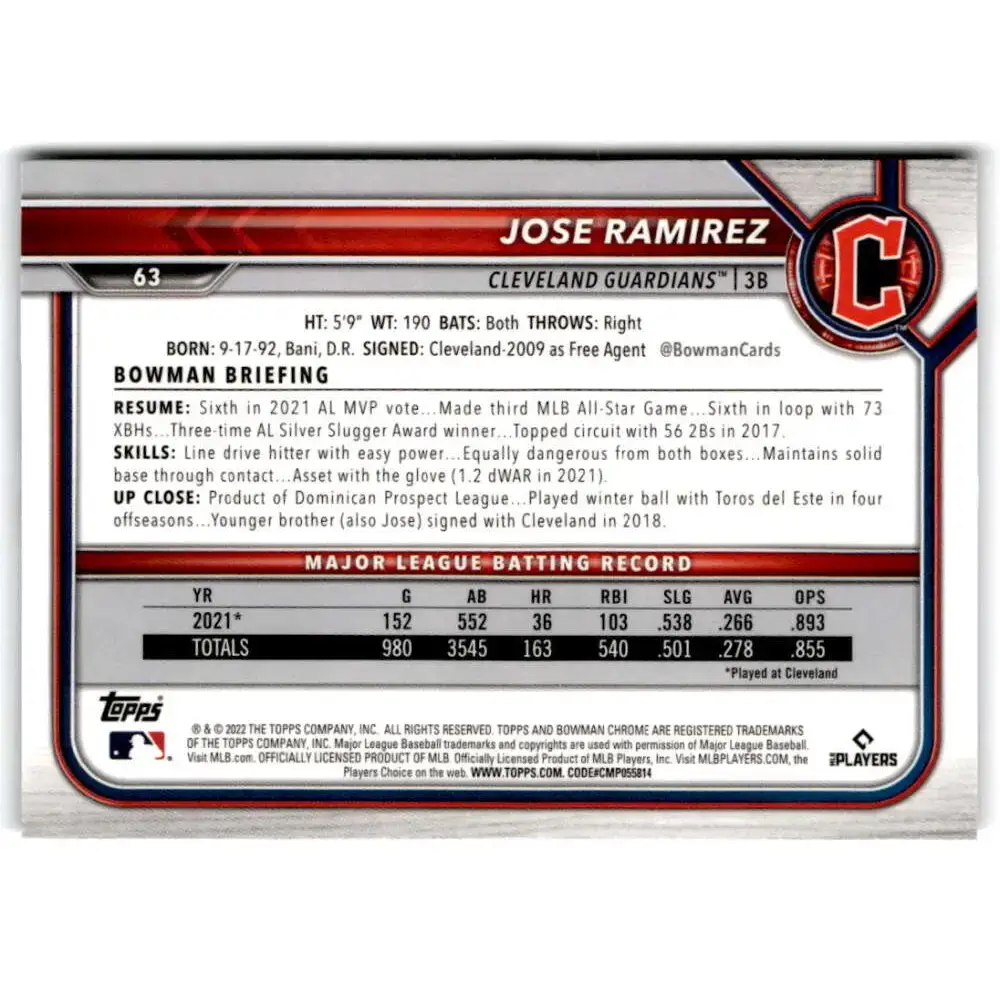 2022 Bowman Chrome #63 Jose Ramirez NM-MT Cleveland Guardians Baseball Card - Baseball Card Single