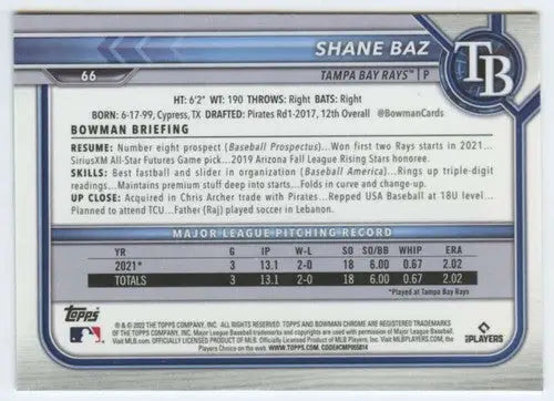 2022 Bowman Chrome #66 Shane Baz NM-MT RC Rookie Rays ID:47117 - Baseball Card Single