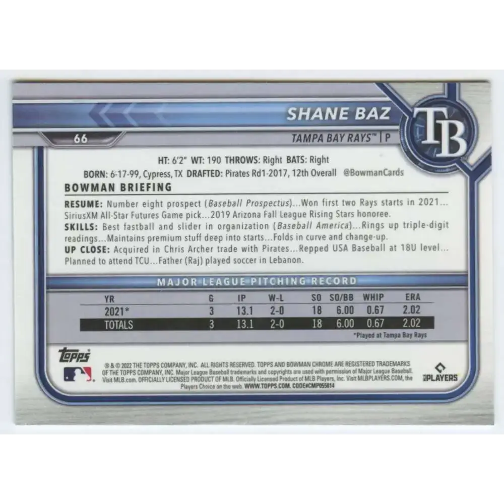 2022 Bowman Chrome #66 Shane Baz NM-MT RC Rookie Tampa Bay Rays Baseball Card - Baseball Card Single