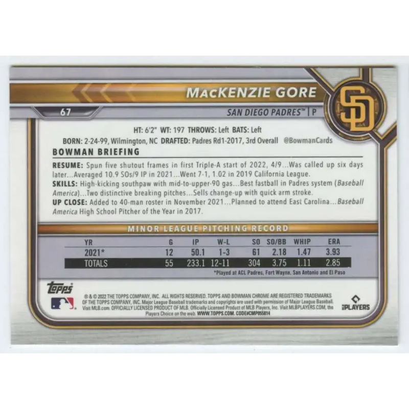 2022 Bowman Chrome #67 MacKenzie Gore NM-MT RC Rookie San Diego Padres Baseball Card - Baseball Card Single