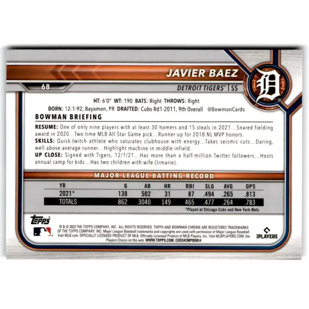 2022 Bowman Chrome #68 Javier Baez NM-MT Detroit Tigers Baseball Card - Baseball Card Single
