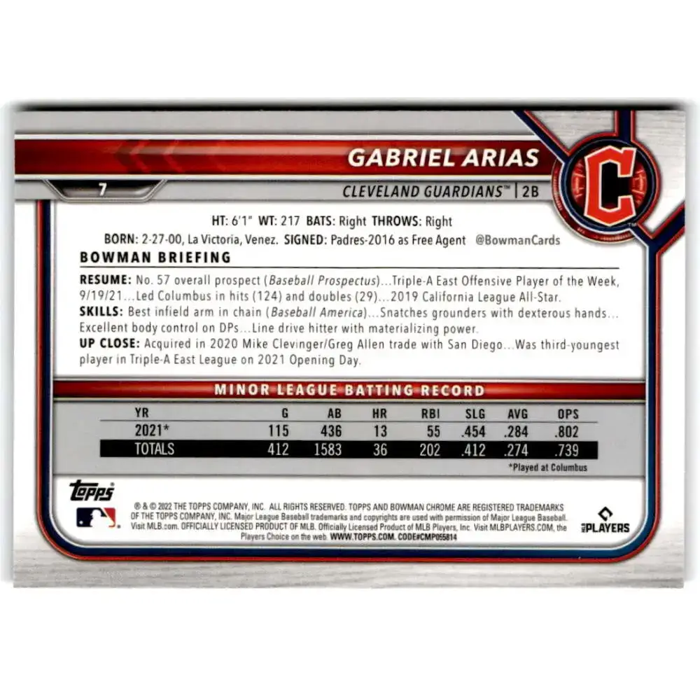 2022 Bowman Chrome #7 Gabriel Arias NM-MT RC Rookie Cleveland Guardians Baseball Card - Baseball Card Single