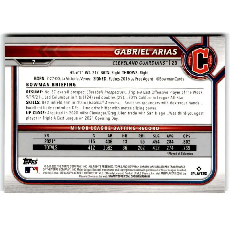 2022 Bowman Chrome #7 Gabriel Arias NM-MT RC Rookie Cleveland Guardians Baseball Card - Baseball Card Single