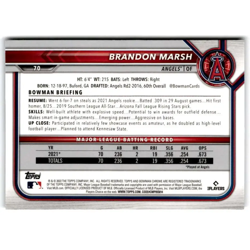2022 Bowman Chrome #70 Brandon Marsh NM-MT RC Rookie Los Angeles Angels Baseball Card - Baseball Card Single