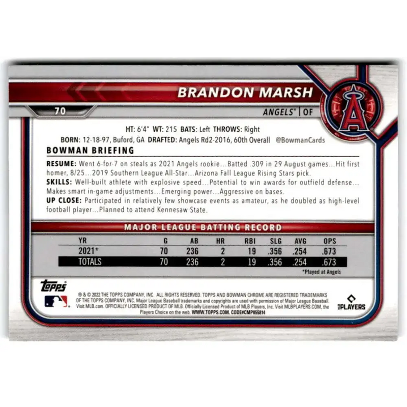 2022 Bowman Chrome #70 Brandon Marsh NM-MT RC Rookie Los Angeles Angels Baseball Card - Baseball Card Single