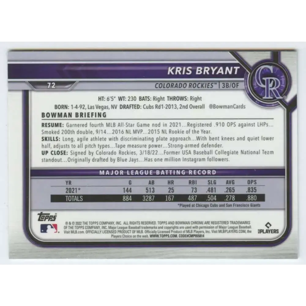 2022 Bowman Chrome #72 Kris Bryant NM-MT Colorado Rockies Baseball Card - Baseball Card Single