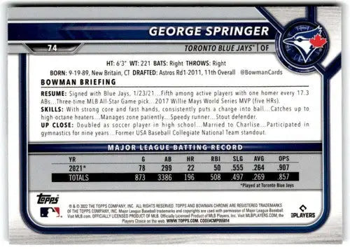 2022 Bowman Chrome #74 George Springer NM-MT Blue Jays ID:52513 - Baseball Card Single