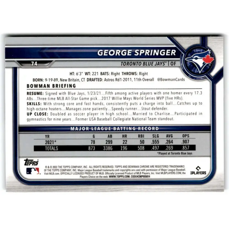 2022 Bowman Chrome #74 George Springer NM-MT Toronto Blue Jays Baseball Card - Baseball Card Single