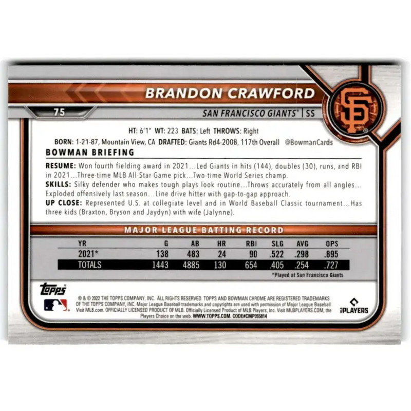 2022 Bowman Chrome #75 Brandon Crawford NM-MT San Francisco Giants Baseball Card - Baseball Card Single