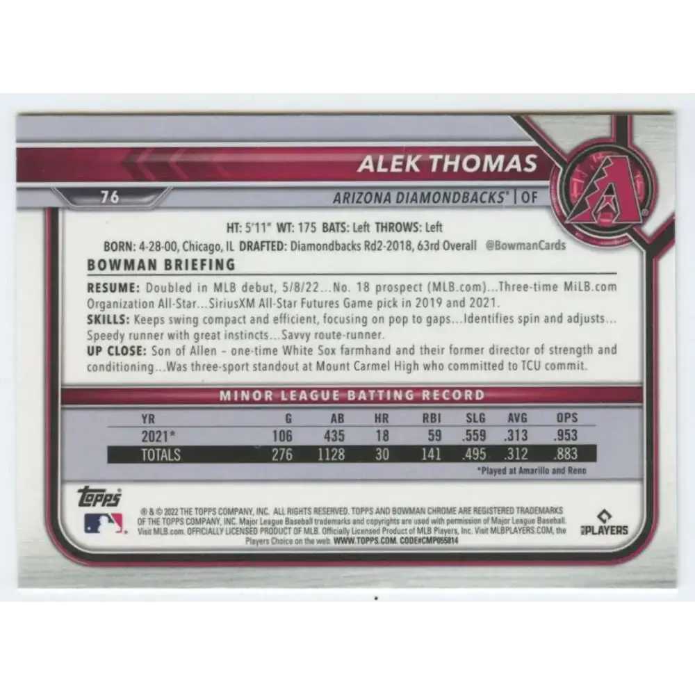 2022 Bowman Chrome #76 Alek Thomas NM-MT RC Rookie Arizona Diamondbacks Baseball Card - Baseball Card Single