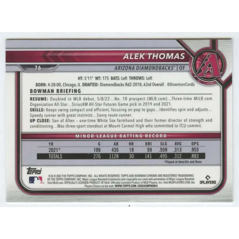 2022 Bowman Chrome #76 Alek Thomas NM-MT RC Rookie Arizona Diamondbacks Baseball Card - Baseball Card Single