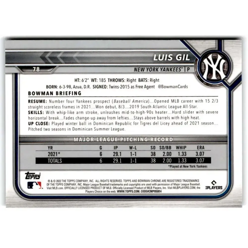 2022 Bowman Chrome #78 Luis Gil NM-MT RC Rookie New York Yankees Baseball Card - Baseball Card Single