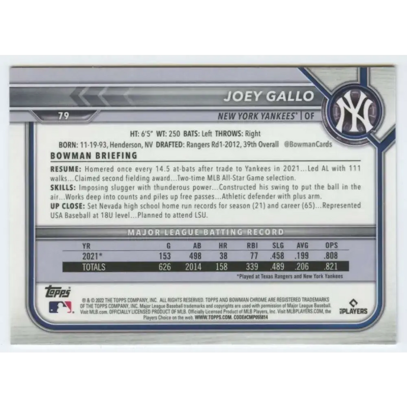 2022 Bowman Chrome #79 Joey Gallo NM-MT New York Yankees Baseball Card - Baseball Card Single