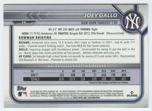 2022 Bowman Chrome #79 Joey Gallo NM-MT Yankees ID:47103 - Baseball Card Single