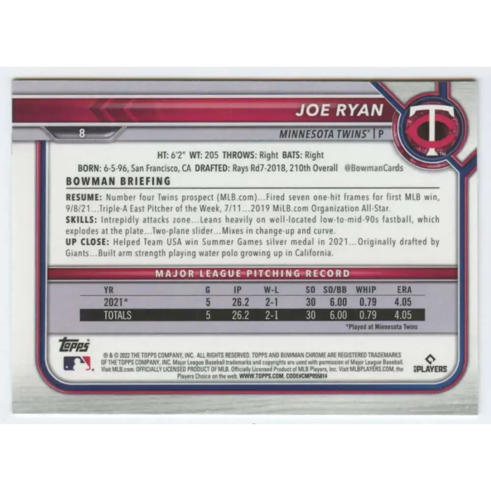 2022 Bowman Chrome #8 Joe Ryan NM-MT RC Rookie Minnesota Twins Baseball Card - Baseball Card Single