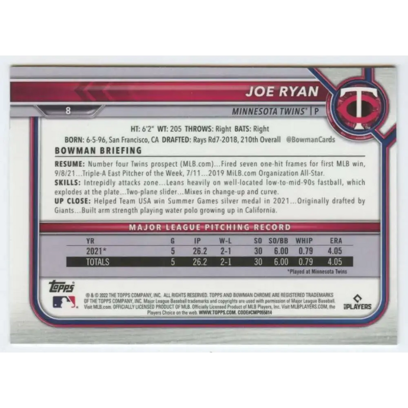 2022 Bowman Chrome #8 Joe Ryan NM-MT RC Rookie Minnesota Twins Baseball Card - Baseball Card Single