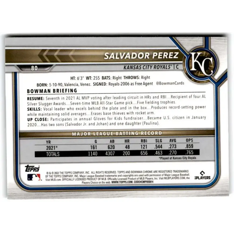 2022 Bowman Chrome #80 Salvador Perez NM-MT Kansas City Royals Baseball Card - Baseball Card Single