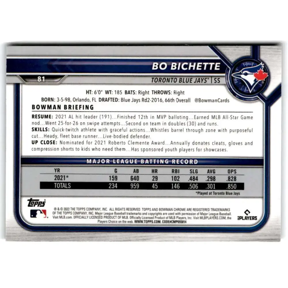 2022 Bowman Chrome #81 Bo Bichette NM-MT Toronto Blue Jays Baseball Card - Baseball Card Single