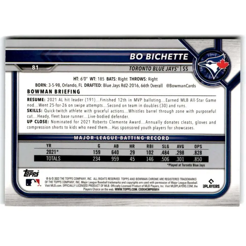 2022 Bowman Chrome #81 Bo Bichette NM-MT Toronto Blue Jays Baseball Card - Baseball Card Single
