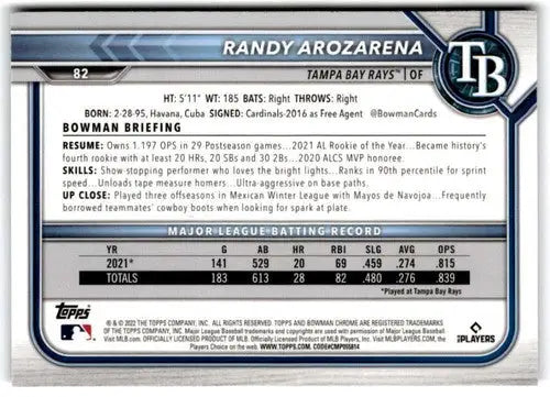 2022 Bowman Chrome Randy Arozarena baseball card with original gloss for Rays collection