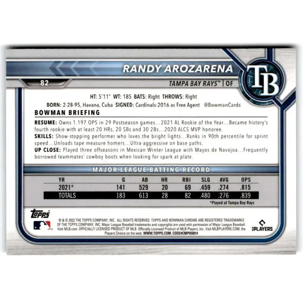 2022 Bowman Chrome #82 Randy Arozarena NM-MT Tampa Bay Rays Baseball Card - Baseball Card Single