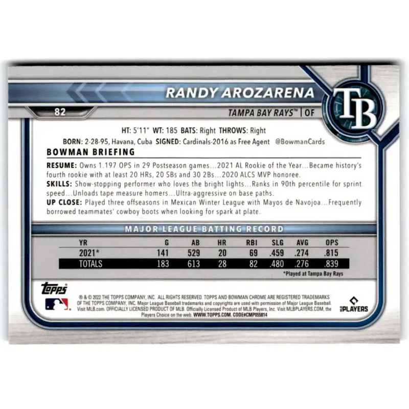 2022 Bowman Chrome #82 Randy Arozarena NM-MT Tampa Bay Rays Baseball Card - Baseball Card Single