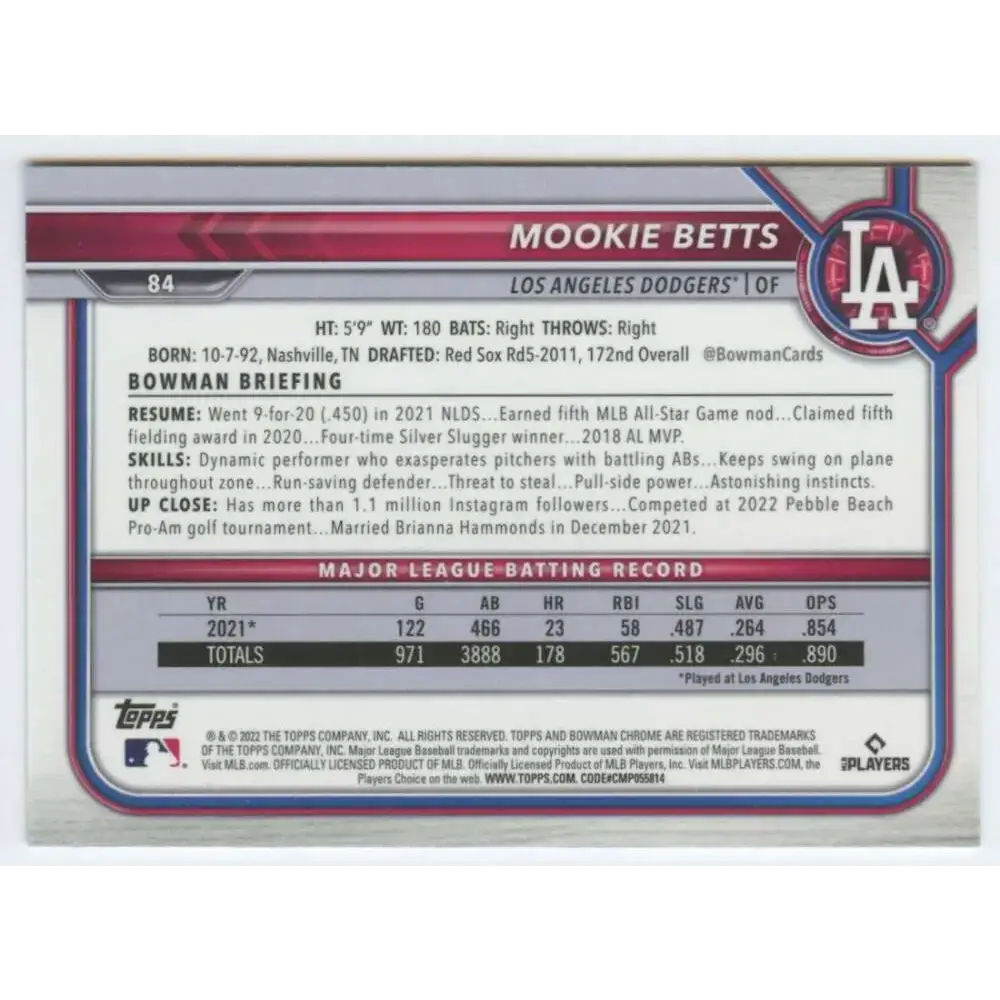 2022 Bowman Chrome #84 Mookie Betts NM-MT Los Angeles Dodgers Baseball Card - Baseball Card Single