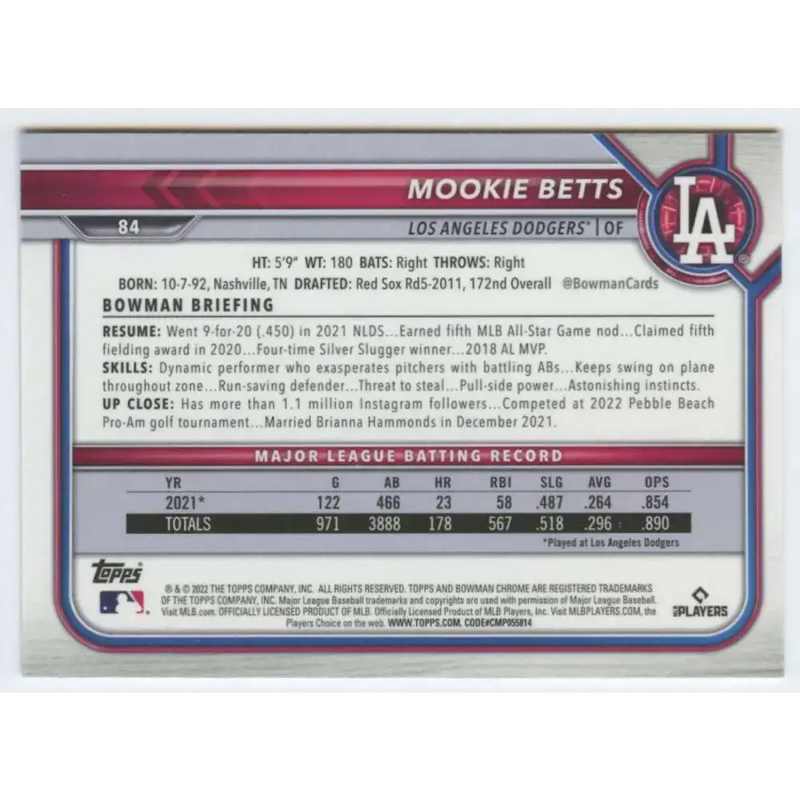2022 Bowman Chrome #84 Mookie Betts NM-MT Los Angeles Dodgers Baseball Card - Baseball Card Single