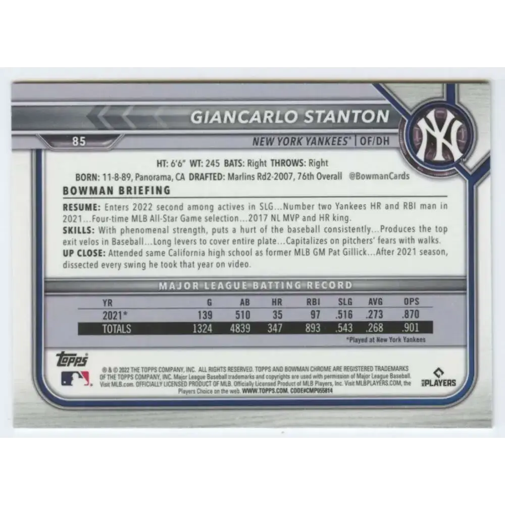 2022 Bowman Chrome #85 Giancarlo Stanton NM-MT New York Yankees Baseball Card - Baseball Card Single