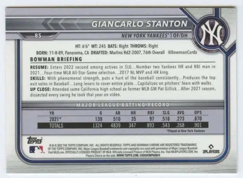2022 Bowman Chrome Giancarlo Stanton baseball card with original gloss Yankees ID 52518