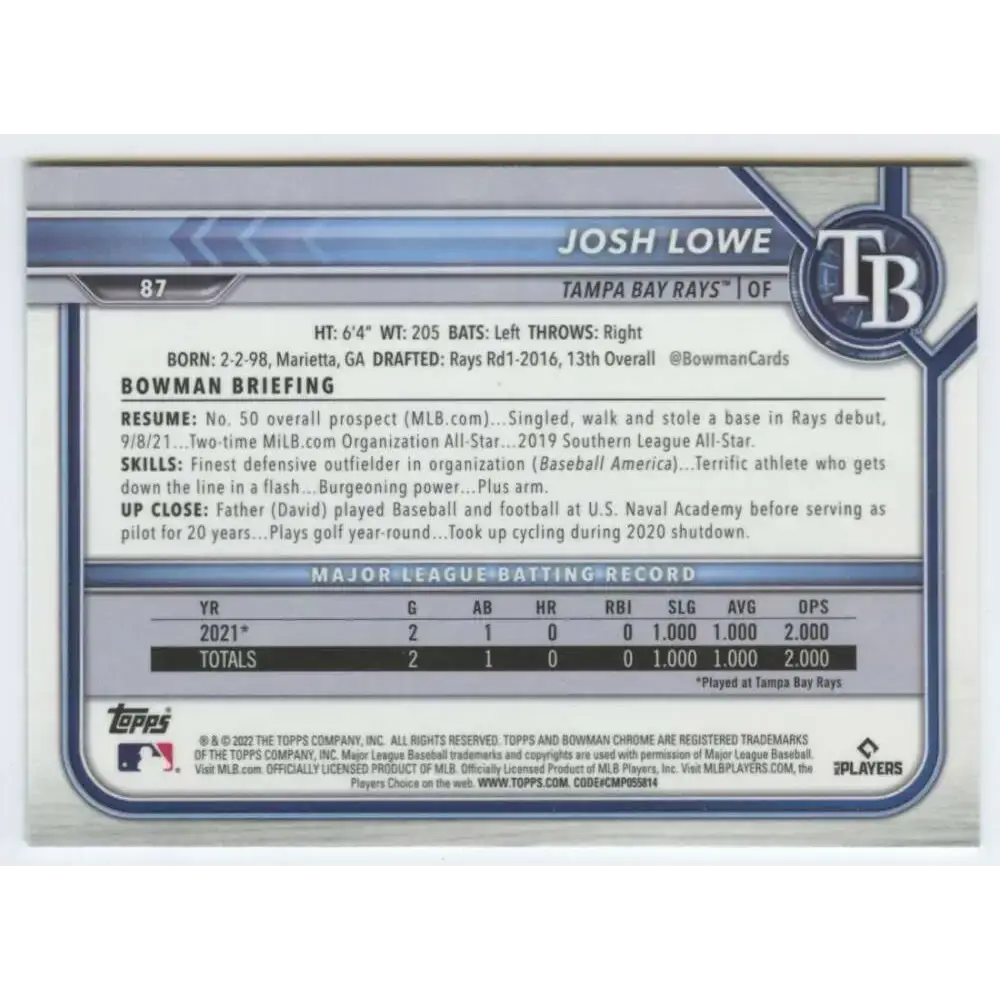 2022 Bowman Chrome #87 Josh Lowe NM-MT RC Rookie Tampa Bay Rays Baseball Card - Baseball Card Single